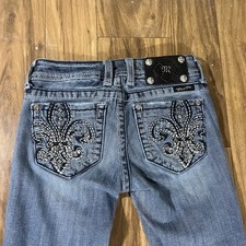 Miss Me Jeans Womens 25 Blue Bootcut Embroidered Rhinestone Pockets Distressed
