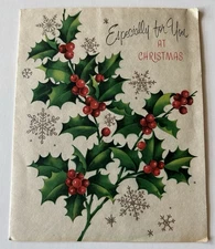 Vintage Christmas Greeting Card Green Holly Berries & Silver Starbursts Norcross