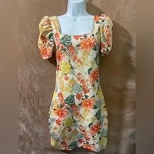 SHEIN Floral Puff Sleeve Square Neck Mini Dress Yellow Orange Green Size S