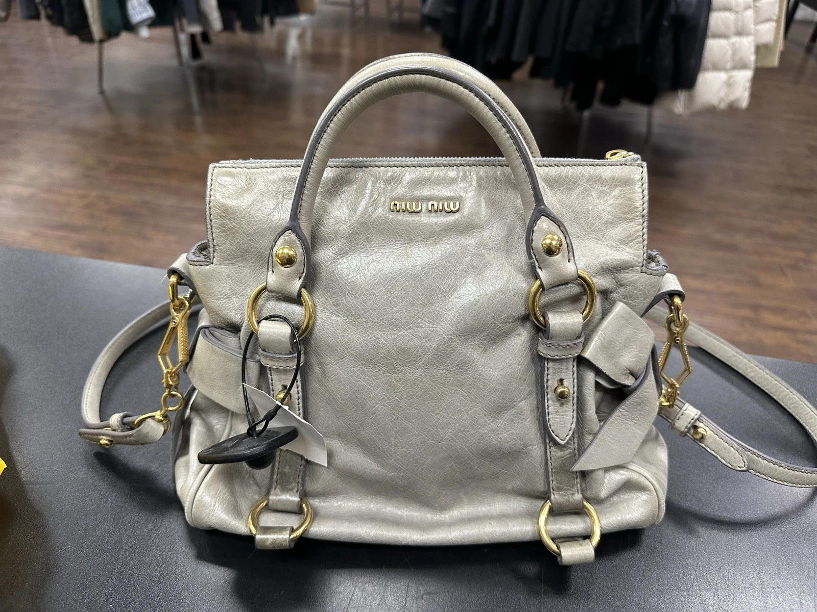 Miu Miu — MIU MIU Vitello Lux Bow Satchel 2Way Leather Shoulder Hand Bag Gray