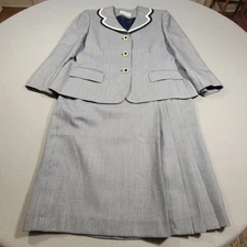 Vintage John Meyer of Norwich Skirt Suit 14P Navy Trim Houndstooth Pleated Set