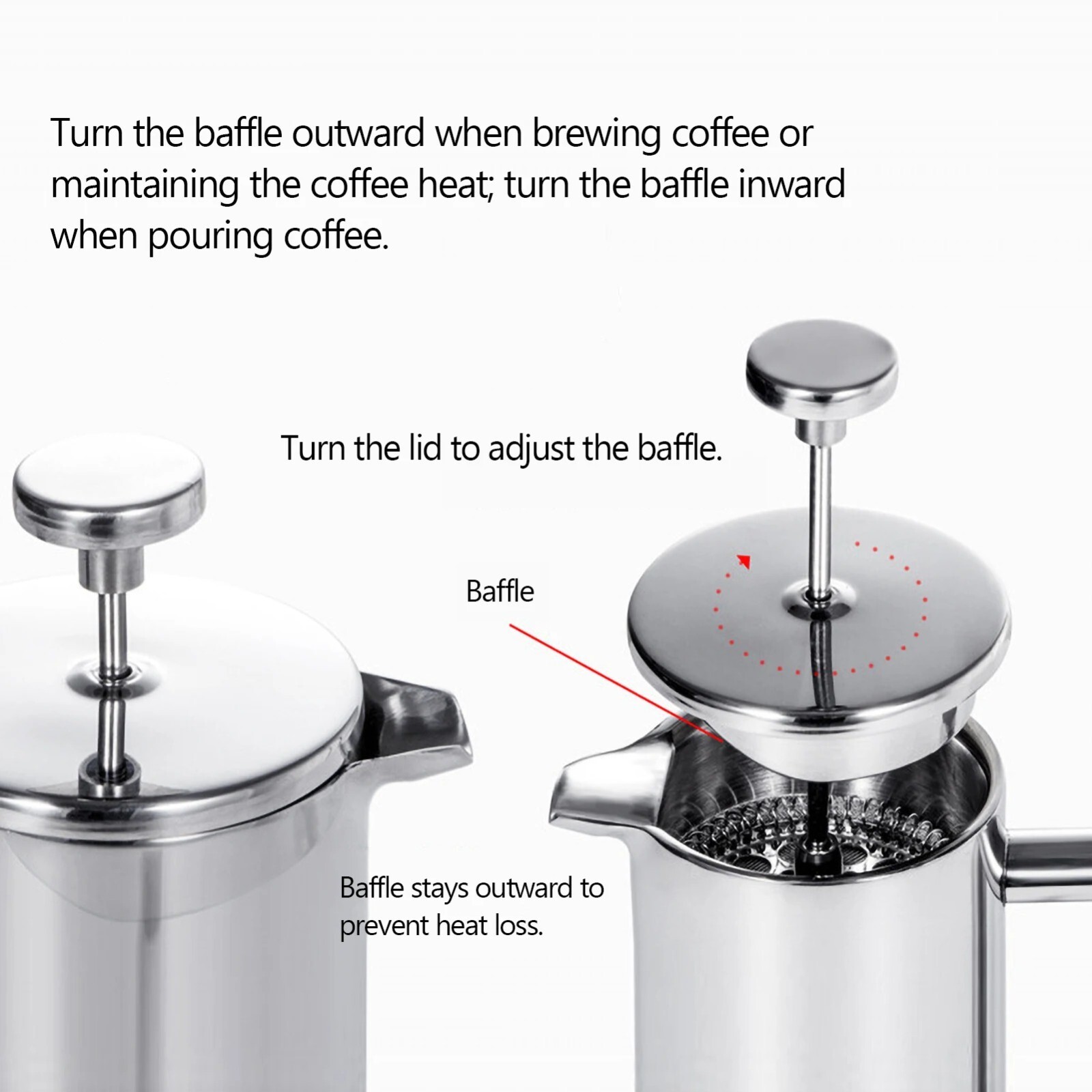 Macchina da caffè a pressione francese in acciaio inox a doppia parete isolata. foto 6