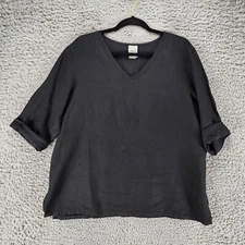 Match Point Shirt Womens Large Black 100% Linen USA V Neck 3/4 Sleeve *GUC*