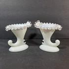 Vintage Fenton Cornucopia Silver Crest Milk Glass Candle Holder Vases Set Of 2