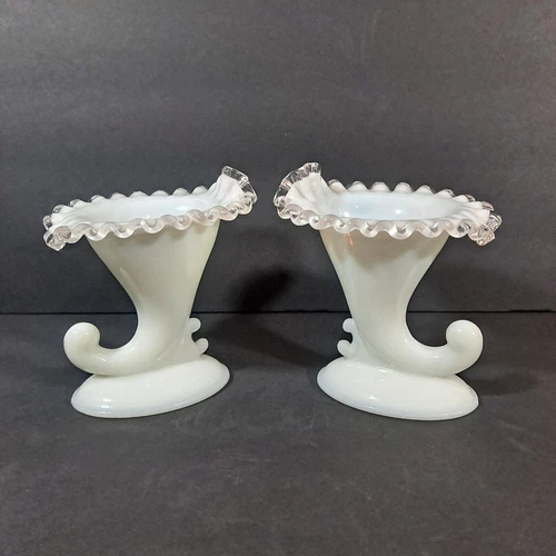 Vintage Fenton Cornucopia Silver Crest Milk Glass Candle Holder Vases Set Of 2