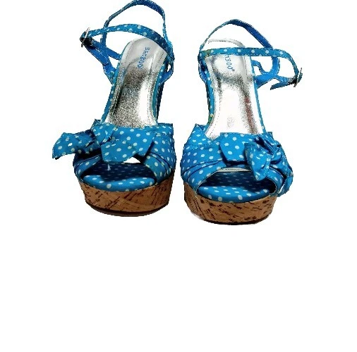 Bamboo Mirage Blue Polka Dot Bow On Vamp Sz 8½ Peep Toe Wedge Heel Sandal As Is - Image 3 of 4
