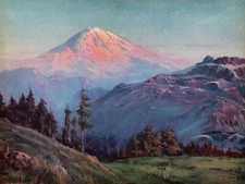 The Monarch, Vintage Landscape Art Print, Snow Covered Mountain, Sunset, Forest