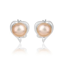 CZ Pink Pearl Gemstone 925 Sterling Fine Silver Heart Design Stud Earrings