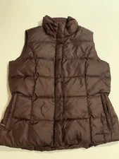 Eddie Bauer Goose Down Vest Size Large Brown Zip Up Button Puffer
