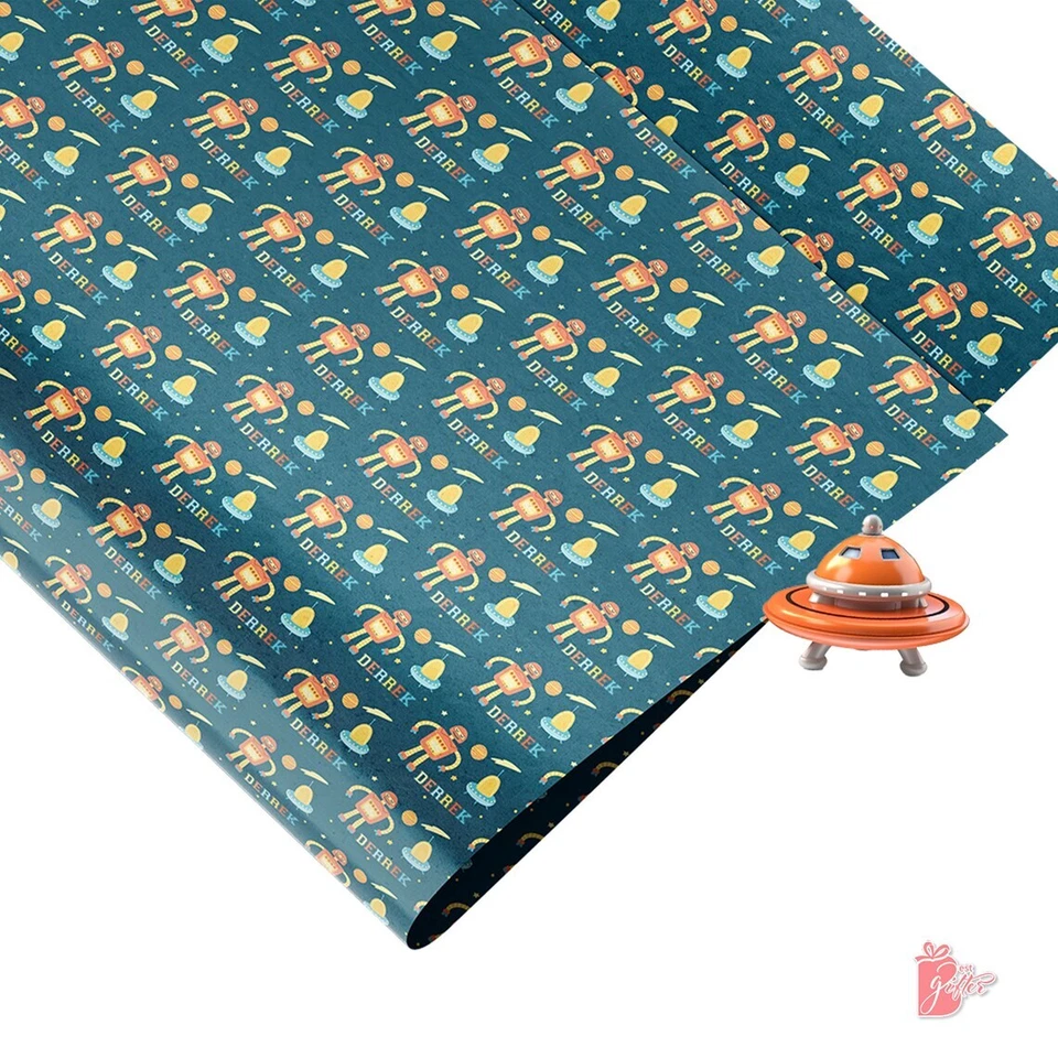 Name Personalized Gift Wrapping Paper Roll 24" Alien Robot Birthday Gift Wrap - Image 4 of 4