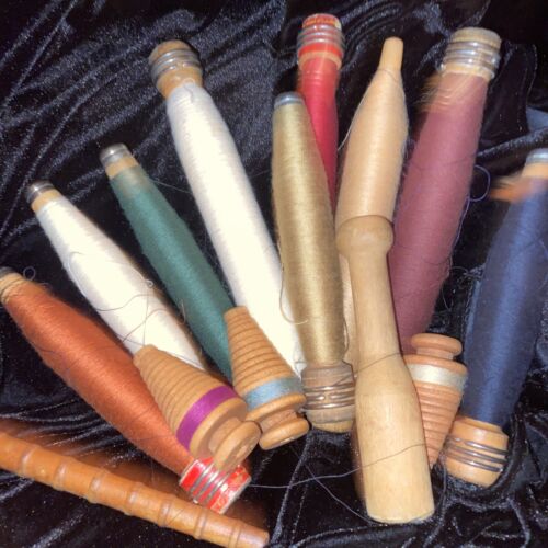 Vtg Wooden Wood Industrial Thread Bobbins Spools, Threaded, 15 Pc Metal Capped - Picture 1 of 14