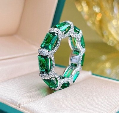 7.60Ct Emerald cut Natural Emerald & Diamond Real 18K white gold Eternity Band