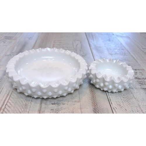 Vintage Hobnail Milk Glass Ashtray Set Ruffled Edge