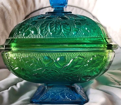 Vintage Jeanette Glass Acorns And Oak Leaves CANDY DISH Blue & Green