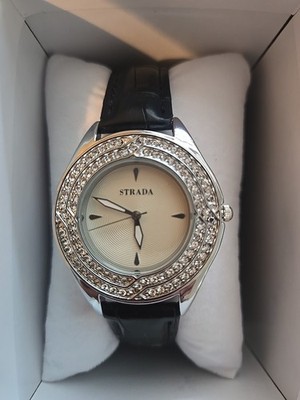 Strada Austrian Crystal Japanese Movement Watch Black Faux Leather Strap