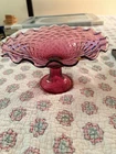 Murano Console Art Glass Large Raspberry Diamond Optic Pedestal  Bowl Vintage