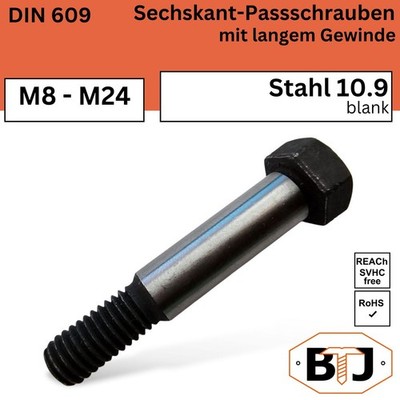 DIN 609 Passschraube 10.9, blank 000, mit langem Gewinde, Sechskant, M8 bis M24 
