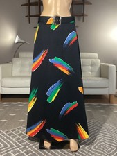 Vintage 70s Psychedelic Bright Paint Brush Pattern Belted Poly Maxi Skirt Disco