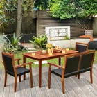 4PCS Patio Dining Set Acacia Wood  Rattan Furniture Set w/ Umbrella Hole