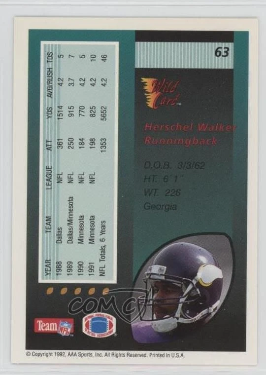 1992 Wild Card 100 Stripe Herschel Walker #63 - Image 2 of 2