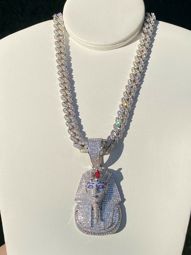 Men 14k W Gold Fill Stamp Ice Egyptian King Tut Pharaoh Iced Miami Chain Pendant - Picture 18 of 19