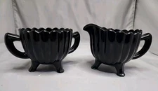 MCM Footed Black Glass Creamer And Open Sugar Bowl Ribbed Vintage 