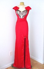 Red satin long dress ball gown sweetheart beaded heart train thigh high slit XS