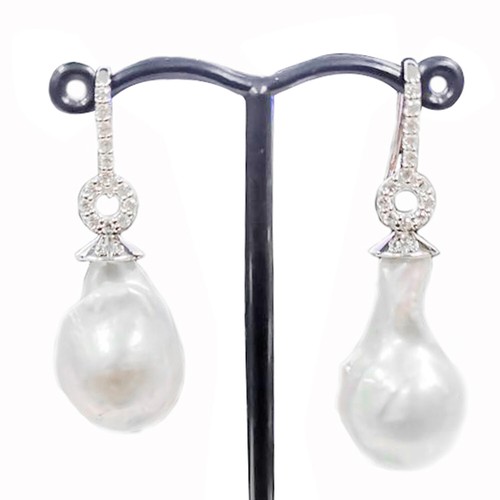 Meher's Jewelry Baroque Pearl & White Zircon Gemstone Sterling Silver Earring - Picture 2 of 2