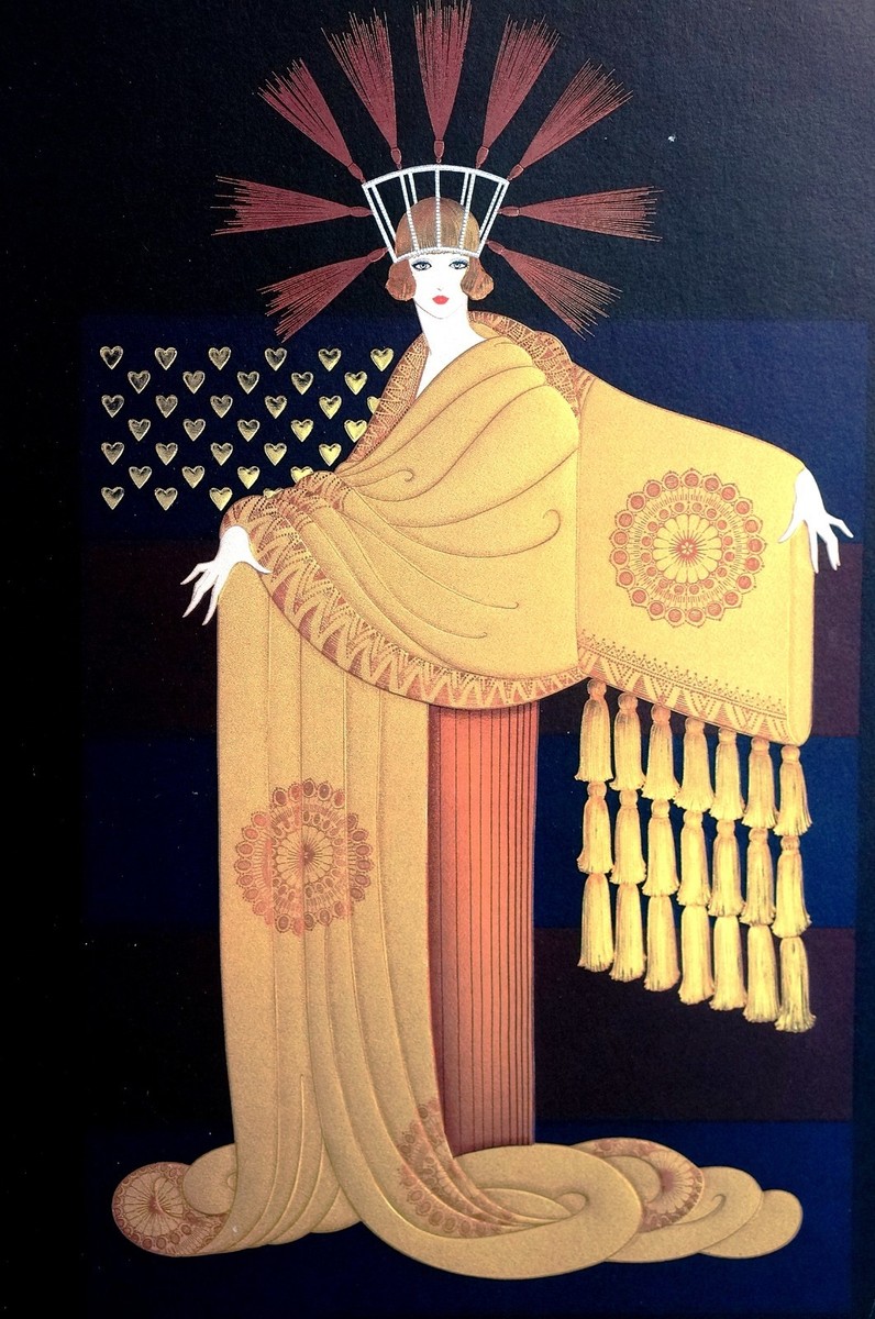 Erte 1987 GOLD TASSEL GOWN CAPE STRAW FEATHER HAT Wall Art Deco