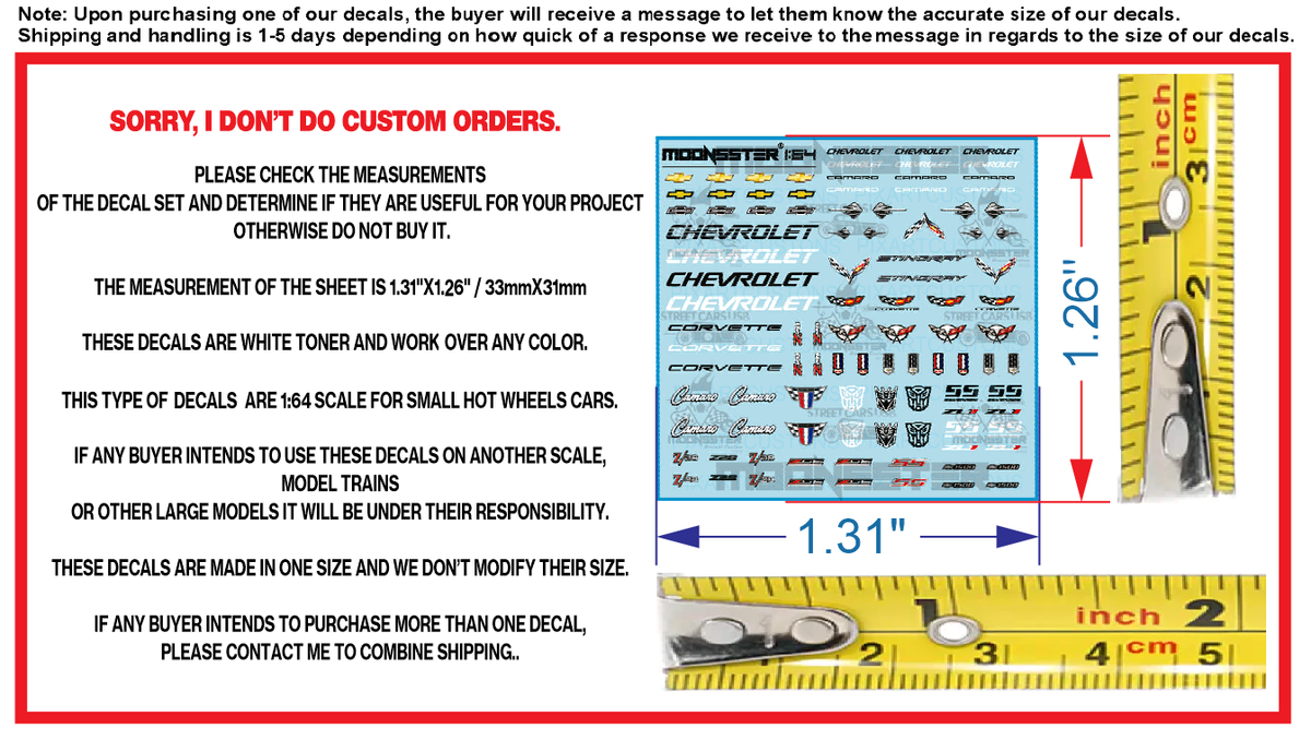 White Toner 1/64 Water Slide Decal Set For Chevy Camaro Corvette