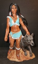 Native Figurine American Wolf Huntress Hand Painted Bisque Statue 9.5" Decor