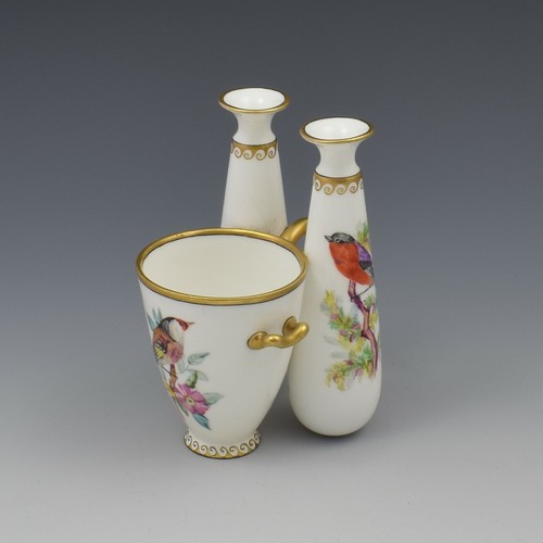 Victorian Royal Worcester Ornithological John Hopewell Bird Triple Vase Antique - Picture 3 of 11