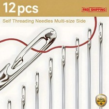 1pc 12 Pack Self Threading Sewing Needles Easy Thread, Assorted Sizes - NEW
