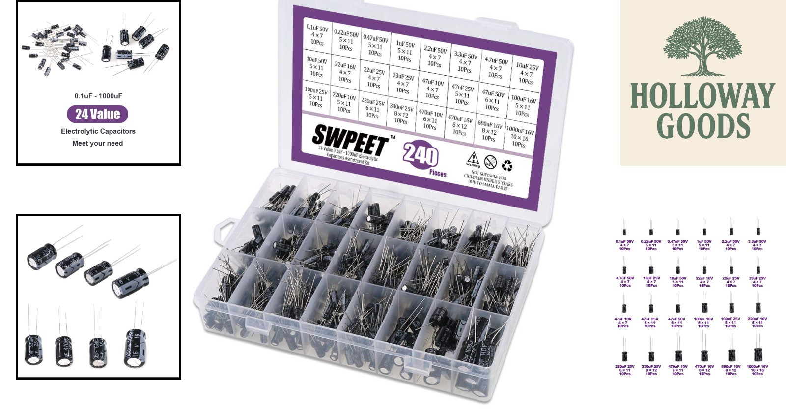 Comprehensive 240Pcs Capacitor Assortment Kit: 0.1uF - 1000uF for DIY & Repairs