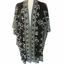 Indigo Aztec Print Oversized Cardigan Sweater Women's Small Boho Cozy Knit