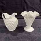 Lot 2 Vintage Fenton White Milk Glass Hobnail Ruffled Edge Trumpet Vase, Pitcher