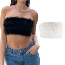 Women Fluffy Faux Fur Vest Sleeveless Strapless Solid Color Fuzzy Tube Crop Top