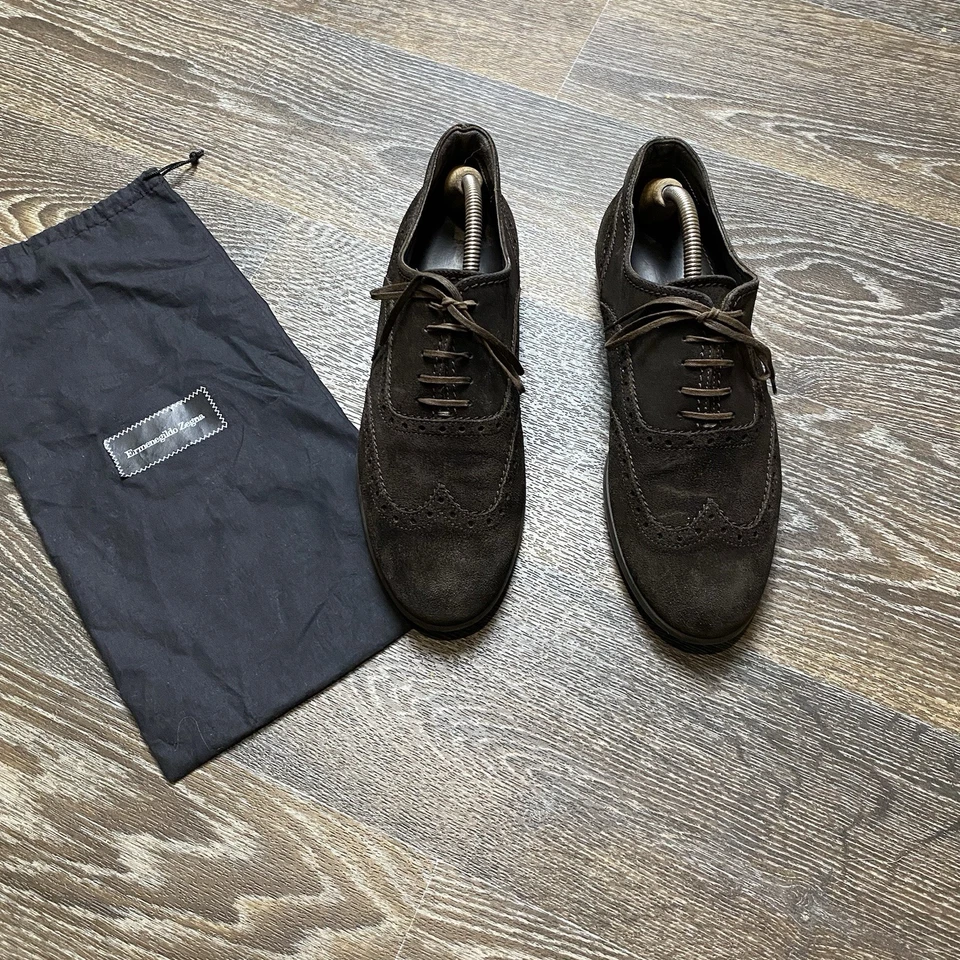 Zapatillas Ermenegildo Zegna Hombre Gamuza Brogue - Marrón Oscuro Hechas en Italia Talla 42 Foto 2 de 4