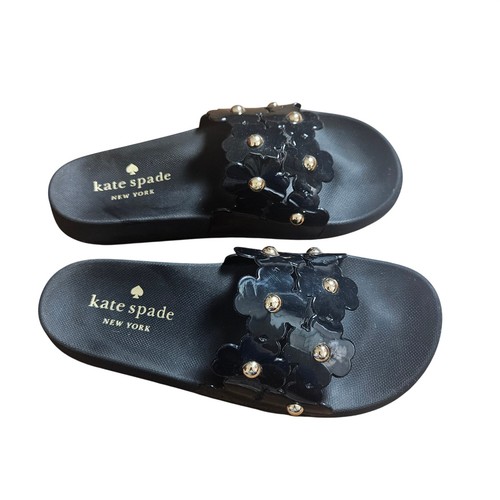 Kate Spade Daisy Pool Slides Flats Floral Applique Studded 8 Monochrome Chic