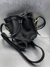 FOUNT Mini Bucket Bag Womens Black Leather Drawstring Crossbody Tassel Purse