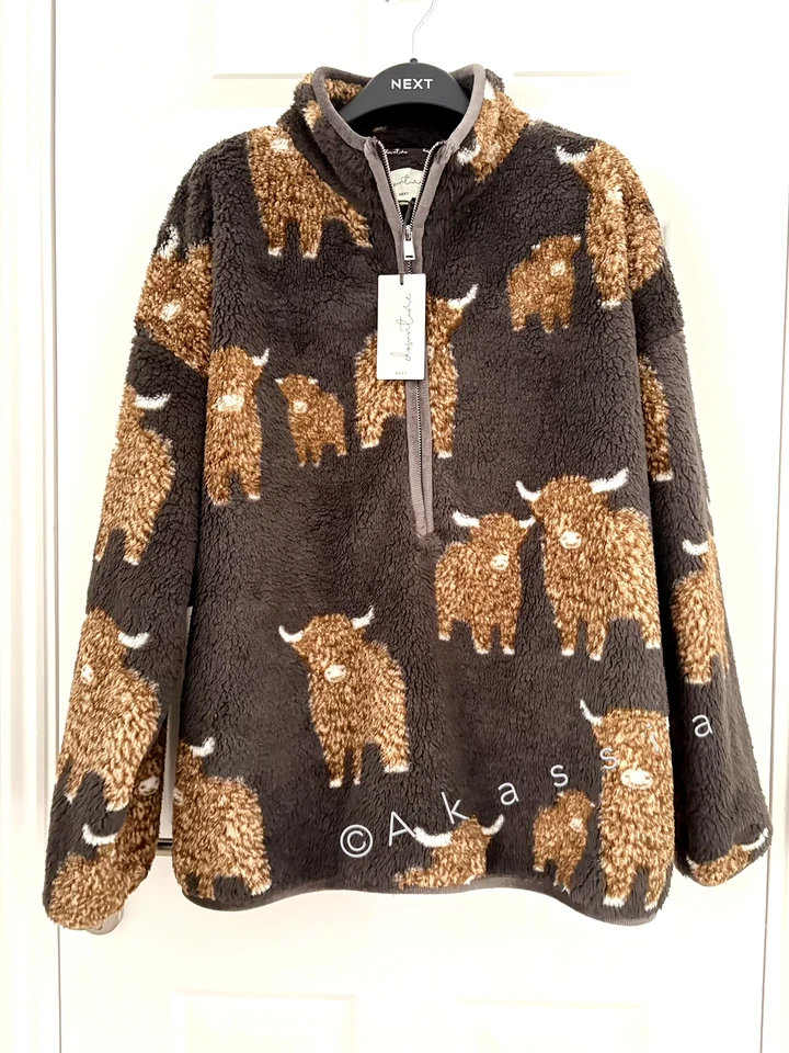 Next Womens Charcoal Grey Hamish The Highland Cow Print Borg Half Zip Fleece - Image 2 of 3