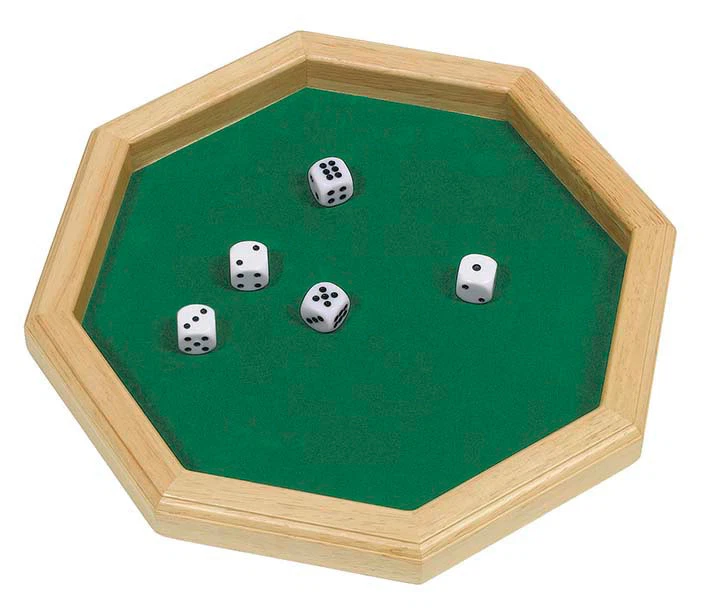 GOKI Würfelteller 1 x stabiles Holz Würfelunterlage Würfelbrett Würfeln + 5 Würfel