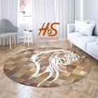 Handmade Hair-on Cowhide Leather Rug with Horse Design - Round Exotic Home Decor