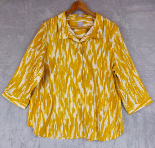Chico's No-Iron Chic Stretch Yellow White Geometric Tunic Shirt Sz 3.5 XL 18