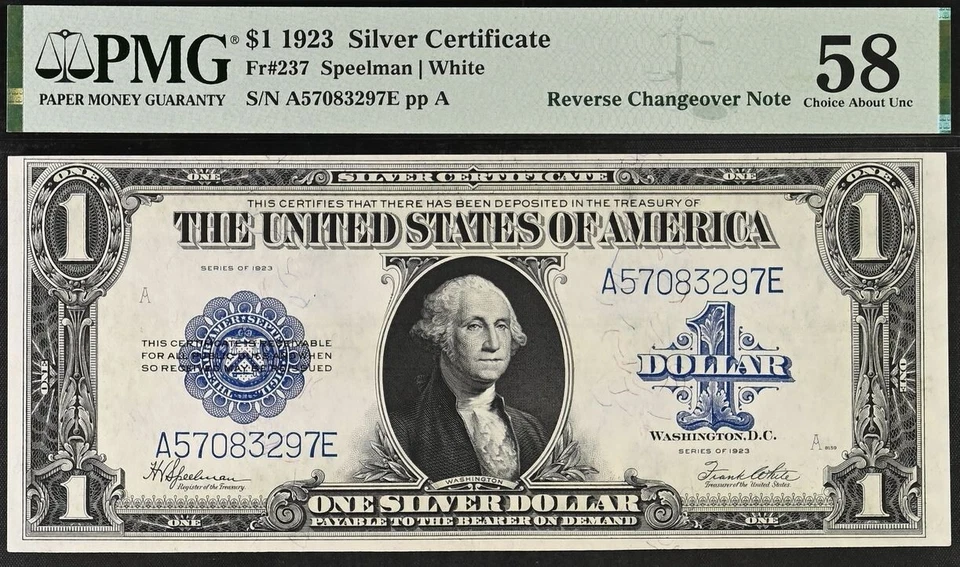 1923 $1 Silver Certificate PMG 58EPQ Reverse Changeover Fr 237 Fr 238 - Image 4 of 4