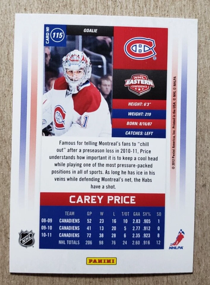 2011-12 Panini Cup Contenders Carey Price /999 Montreal Canadiens #115 - Image 2 of 2
