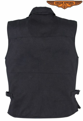 Men’s Motorcycle Black Denim Club Vest with Pockets Folded Collar & Hidden Snaps - Picture 7 of 10