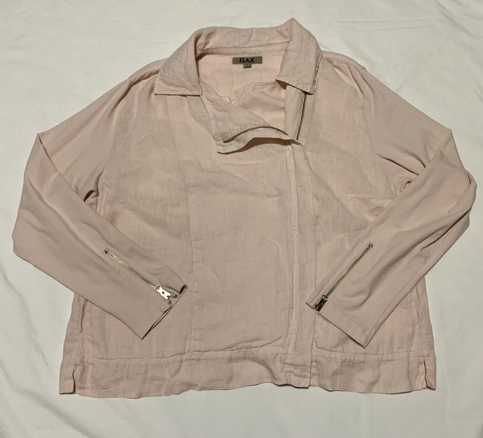 FLAX Moto Jacket Womens Large Pink Linen Lagenlook Collared Full Zip Knit - Image 2 of 4