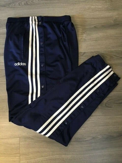 VINTAGE ADIDAS 3 STRIPE, TEAR AWAY SNAPS, NAVY BLUE, LARGE, MEN'S TRACK  PANTS