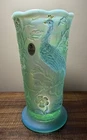 Fenton Glass Opalescent Willow Green GardenPeacock Vase Hand Painted Iridescent